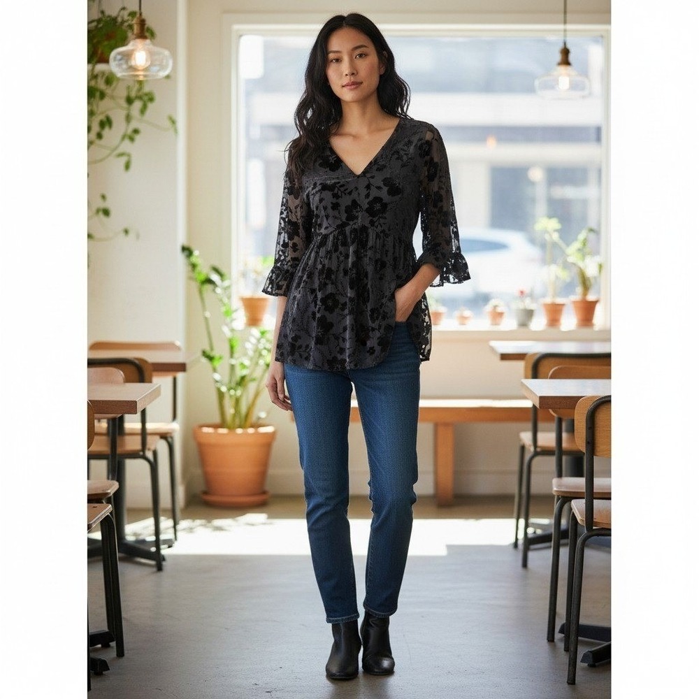 DR2 Babydoll Top Romantic Gothic Floral Burnout Velvet Ruffle Sleeve Black S